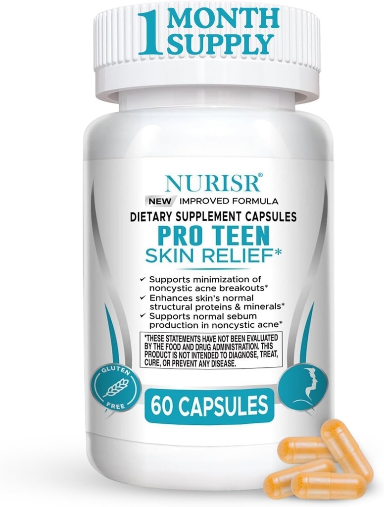 Suplementos de acné para adolescentes con vitaminas A, B, C, E " Biotina para la piel clara, radiante, soporta la producción equilibrada de aceite " Flujo saludable - sin gluten, 60 cápsulas