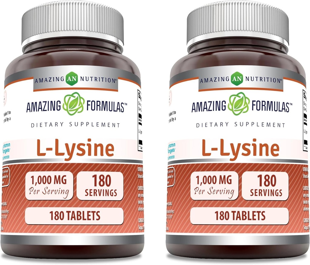 Fórmulas increíbles L-Lysine 1000mg Amino Acid Tablets Suplemento ← No GMO Silencio Gluten Gratis Silencio Made in USA (180 Silencio 2 Pack)