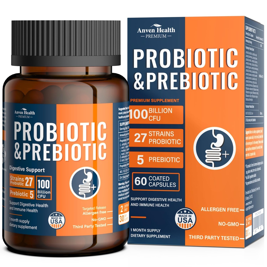 Probióticos de 100 millones para hombres y mujeres 27 Estrados 5 Prebióticos Orgánicos para la Salud Gut Digestiva &amp; Inmune, Apoyos Bloating de gas de diarrea, No GMO, Zero Fillers – Hecho en USA6060 Caps