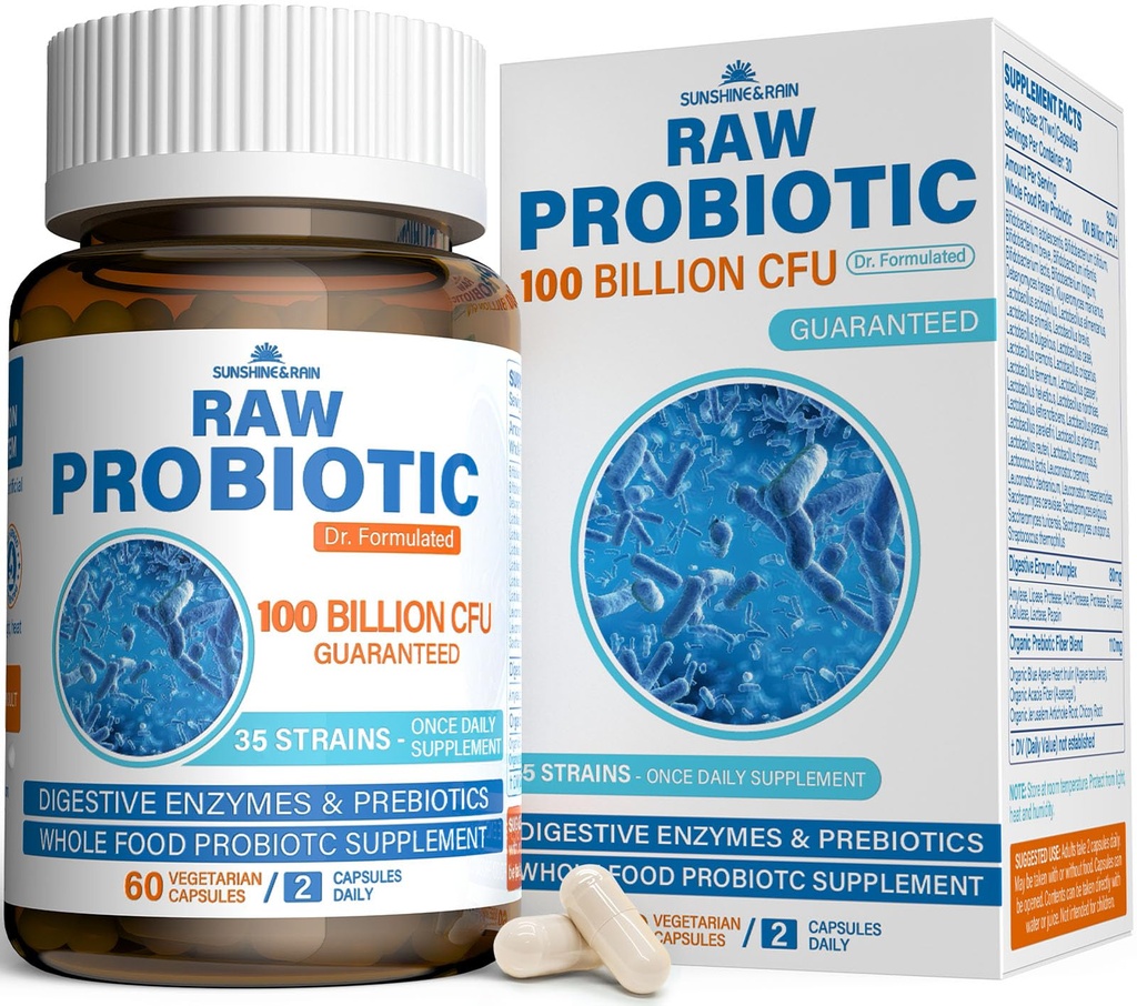 Probióticos crudos para Mujeres y Hombres - 100 Billones CFU, 35 Strains, Prebióticos Orgánicos " Enzimas Digestivos Naturales para la Salud Digestiva, Gut &amp; Immune - Dairy, Soy y Gluten Gratis, No GMO, 60 cápsulas Vegan