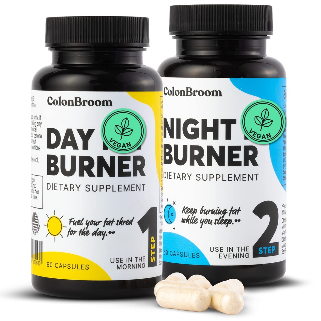 ColonBroom Day & Night Burner Supplements, Pills for Women/Men with Inulin, L-carnitine, Coenzyme Q 10, Grain of Paradise and More, Colon Broom 60 Vegan Capsules Por Container