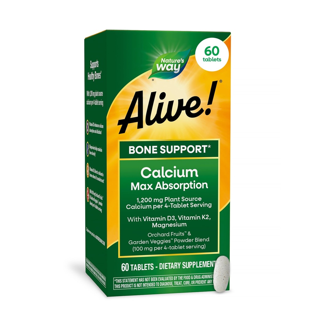 ¡La naturaleza está viva! Calcio Max Absorción, Calcio de Fuente de Planta, Vitamina D3 & K2, Magnesio, Soporte de Hueso*, 60 Tabletas (Paquete Mayo Vary)