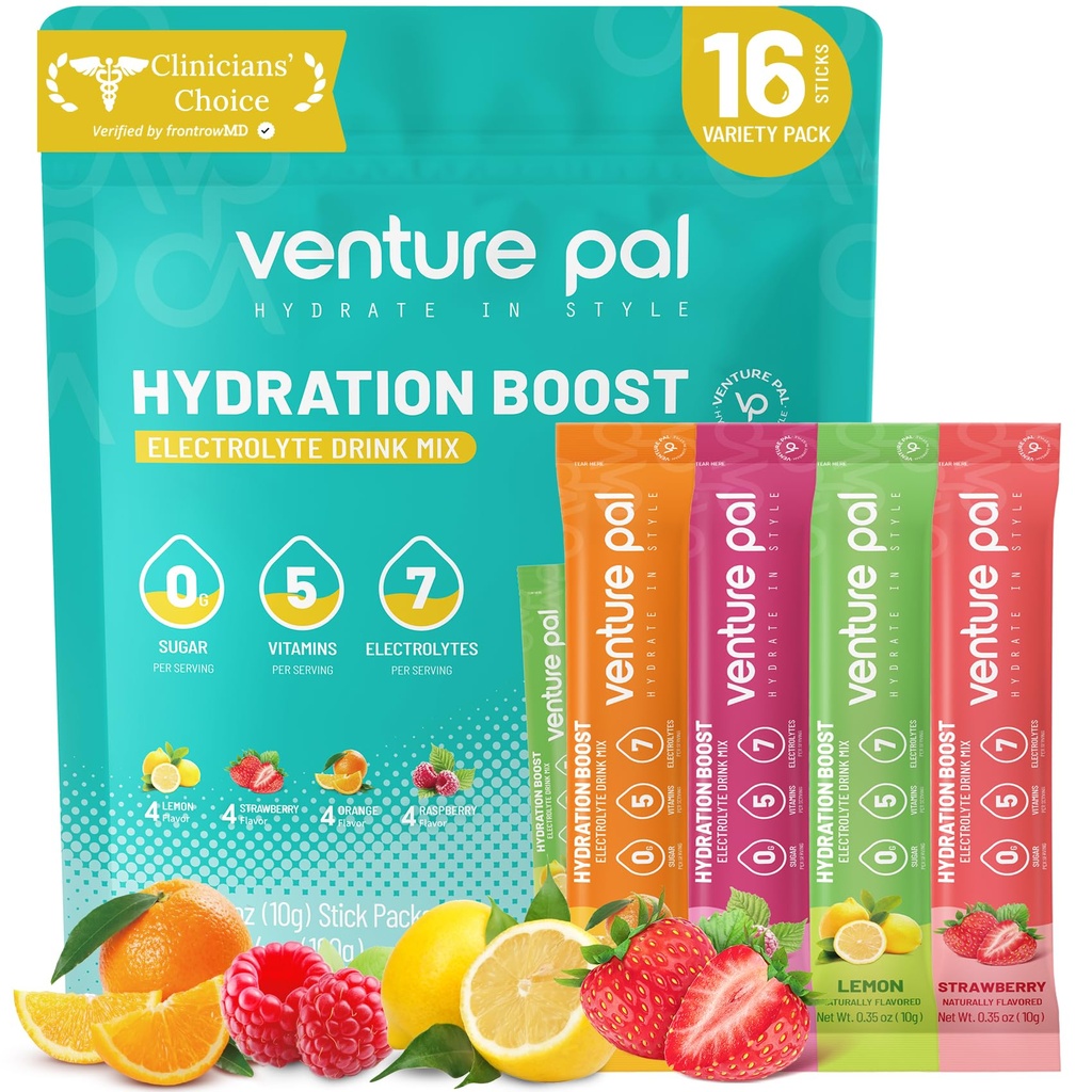 Venture Pal Sugar Free Electrolyte Powder Packets - Liquid Daily IV Drink Mix for Rapid Hydration " Party Recovery TEN 5 Vitaminas " 7 Electrolytes Anterior Keto Friendly ← Non-GMO TEN Certified Vegan TEN 16 Sticks
