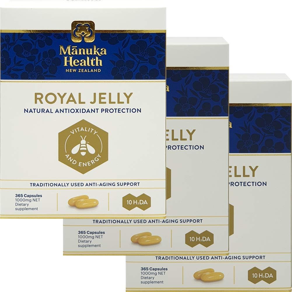 Manuka Health 10hda Royal Jelly 1000mg 365 Capsules 100% Pure New Zealand Royal Jelly Immune System Booster & Supports Salud de la piel y vitalidad (Pack of 3)