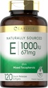 Vitamina E de Carlyle con tocoferoles mezclados Ø 1000 UI  sometida 120 Softgels Silencio Naturalmente Fuente Suplemento No-GMO y Gluten Fórmula Libre