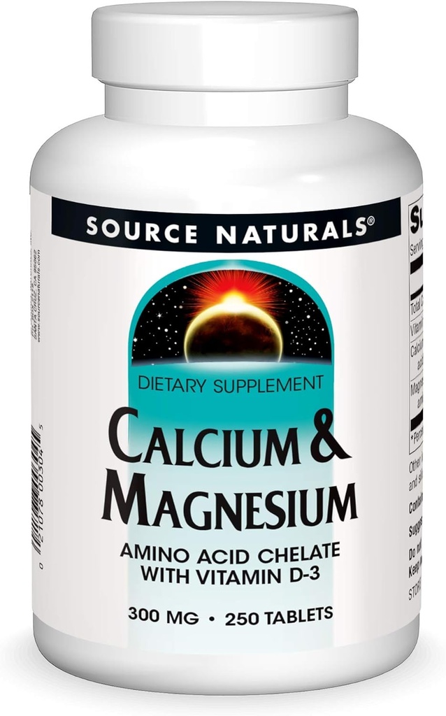 Fuente Naturales Calcio & Magnesio, Complejo Aminoácidos con vitamina D-3, 300 MG - 250 Tabletas