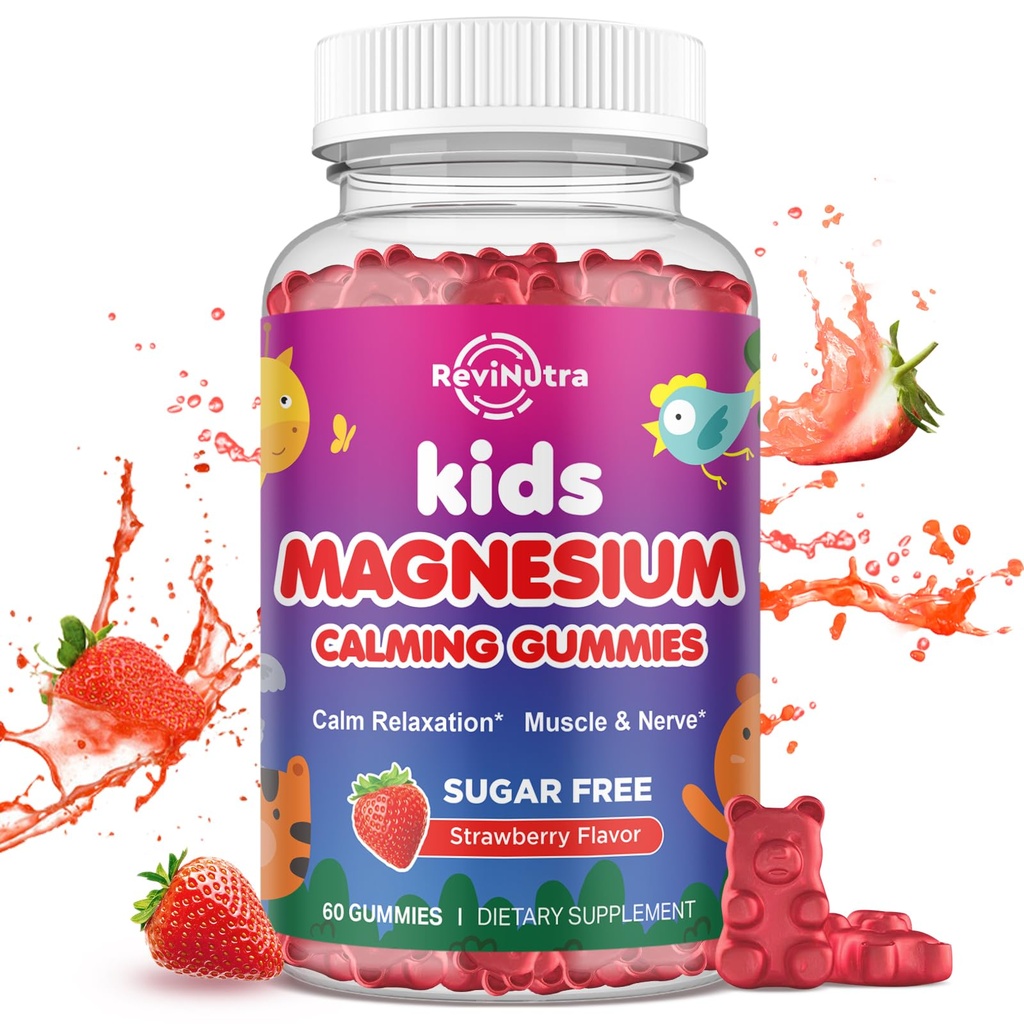 Magnesium Gummies for Kids - Magnesium Glycinate Gummies with L-Theanine, Chamomile, Vitamin B6, D for Kids &amp; Adults Sleep, Stress, Muscle Relief & Nerve Bone - Sugar Free Strawberry 60ct