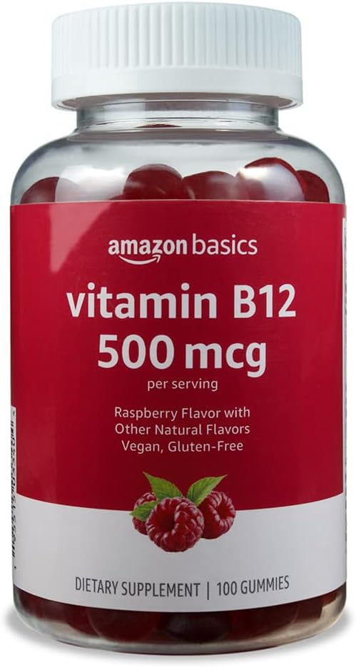 Amazon Basics Vitamina B12 500 mcg Gummies - Producción Normal de Energía y Metabolismo, Immune System Support, Raspberry, 100 Cuenta (2 por Serving) (antes Solimo)