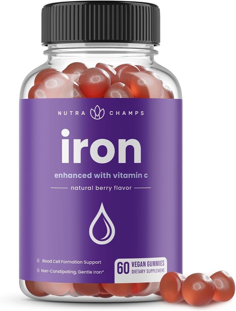 NutraChamps Iron Gummies con Vitamina C - 20 mg, Blood Cell Formation Support, 60 Gummies Vegan para Iron Deficiency & Anemia, Energía, Focus, Immune Boost