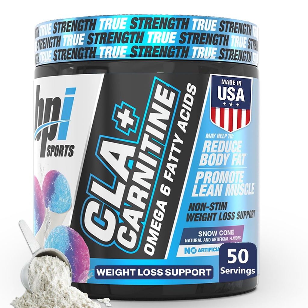 BPI Sports CLA + Carnitina – Ácido Linoleico Conjugado – Pérdida de peso Fórmula – Metabolismo, Rendimiento, Lean Muscle – Caffeine Free – Para Hombres y Mujeres – Snow Cone – 50 porciones – 12.34 oz.