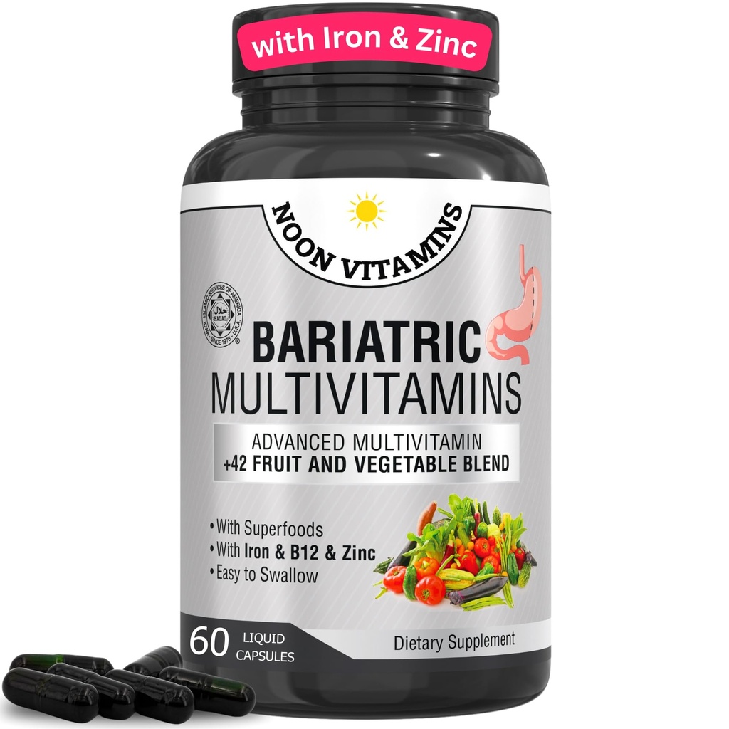Bariatric Multivitamin with Iron for Women ' Men - All-in-One 42 Superfood Blend for Energy & Immune Support - Post-Surgery Recovery, Easy-to-Swallow, Halal, Made in USA (60 Liquid Capsules)