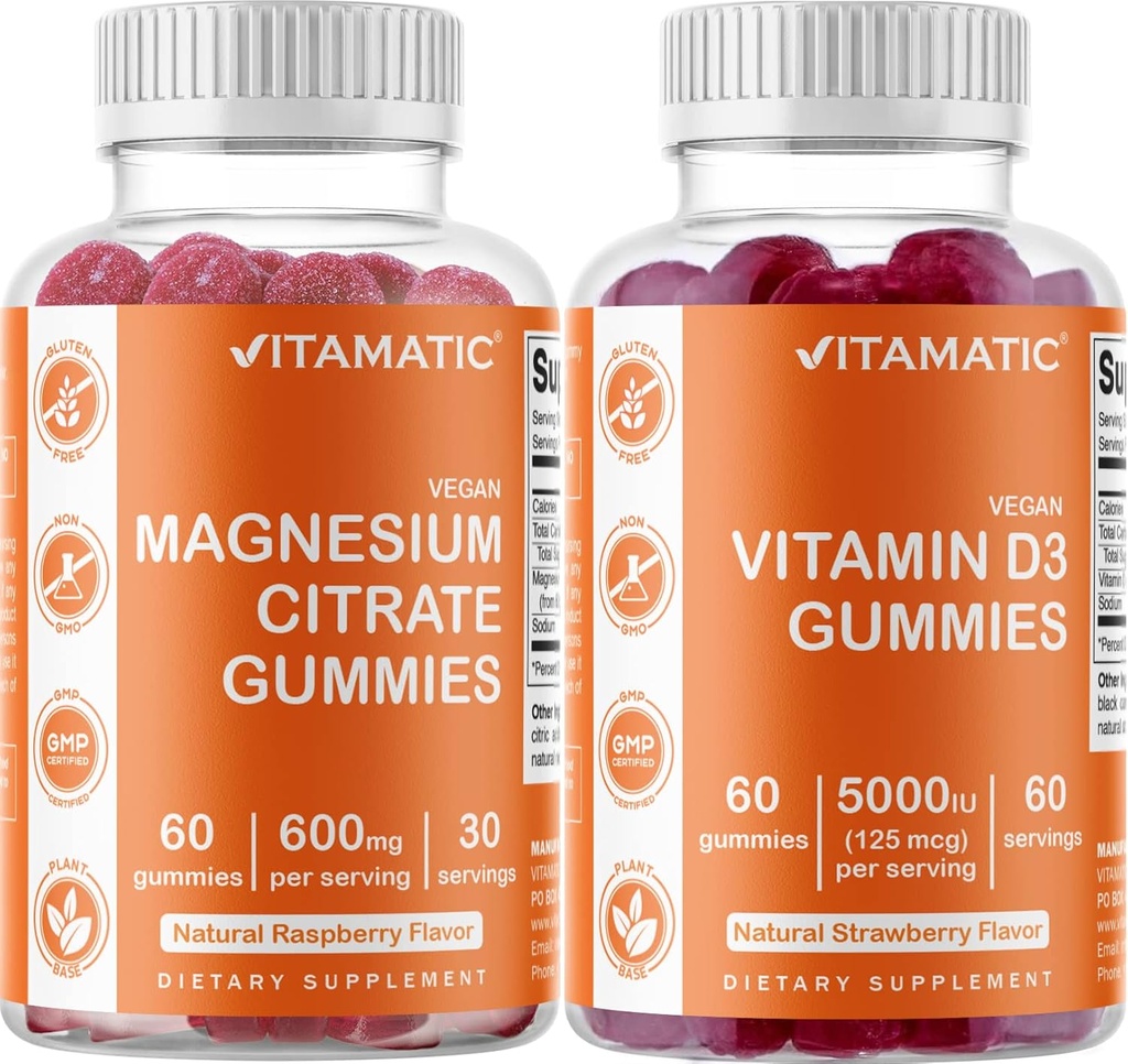 Magnesio Vitamático & Vitamina D3 Gummies Combo - 60 Conteo Vegano Cada