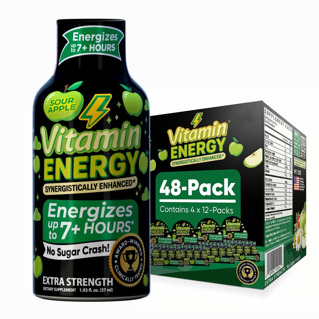 Vitamin Energy Workout+ Extra Strength Energy Shot Sour Apple 48 Pack, 260mg Natural Caffeine, Pre-Workout, B-Vitamins, Minerals, Endurance & Performance, Zero Sugar, Gluten-Free, Vegan, 1.93 fl oz
