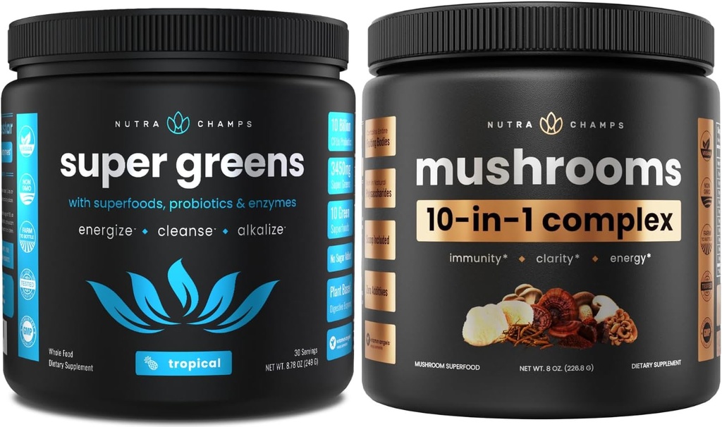 NutraChamps Super Greens Tropical & Super Mushrooms: Ultimate Brain, Gut & Body Boost