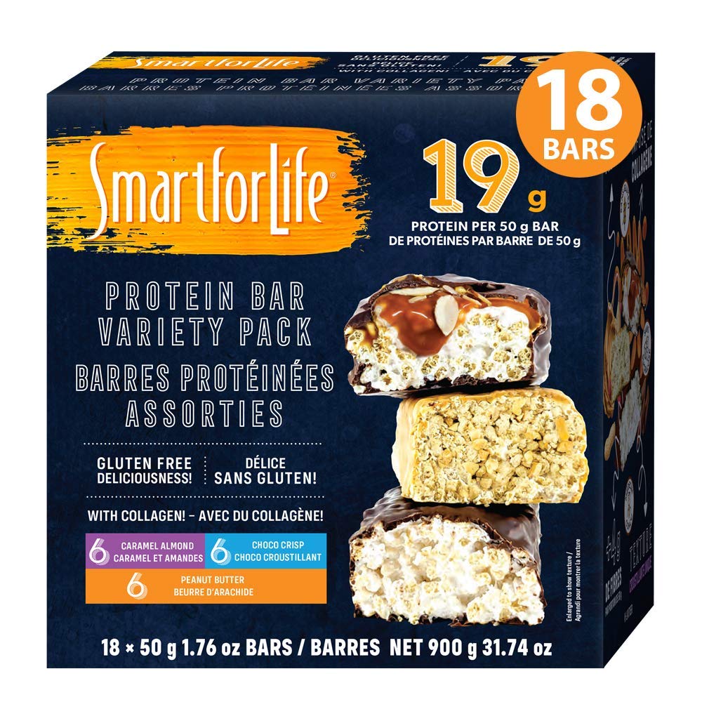 Smart for Life - High Protein, Low Sugar Bar Variety Pack, Gluten Free Caramel Almond, Chocolate & mantequilla de maní Chocolate Crunchy Meal Replacement Bares Funciona con Cookie Dieta no GMO 18ct