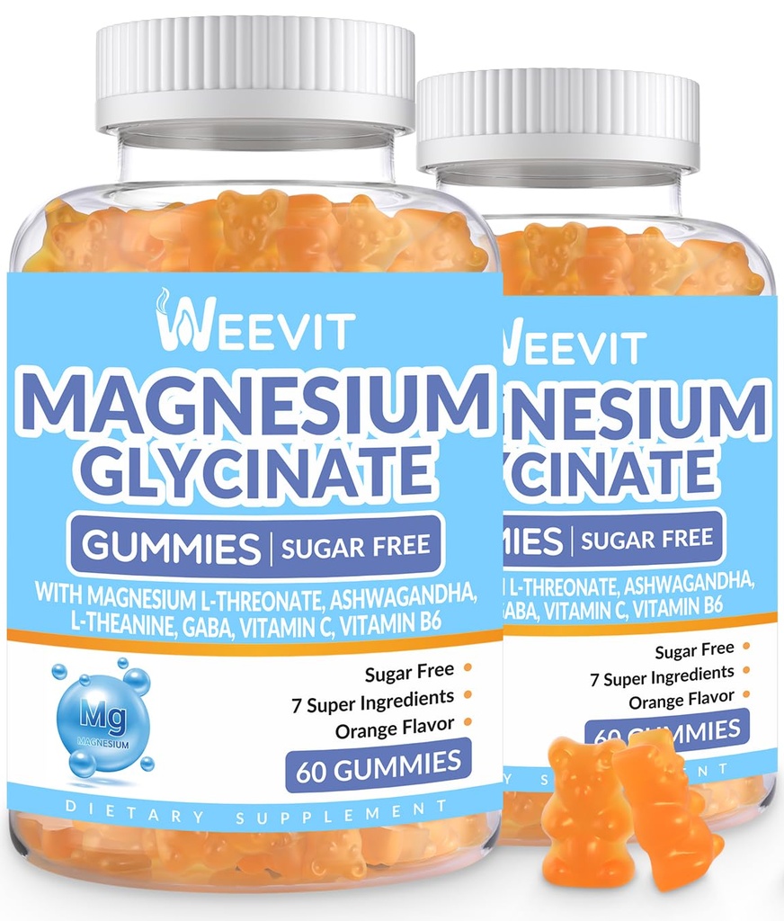 Magnesio libre de azúcar Glycinate Gummies con L-Threonate, Suplementos de Magnesio para Mujeres y Hombres con Ashwagandha, L-Theanine, GABA, Vitamina C, B6