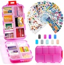 14 Grids Travel Pill Organizer Box con 415-Pcs Medicine Name Labels - Pocket Daily Pharmacy Case Container Kit - Dispensador de portadores de medicamentos para el aceite de pescado