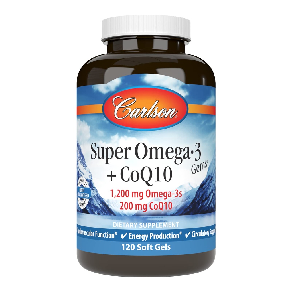 Carlson - Super Omega-3 Gems + CoQ10, 1200 mg Omega-3s 200 mg CoQ10, Función de Circulación, Producción Energética " Apoyo Circulatorio, 120 Softgels