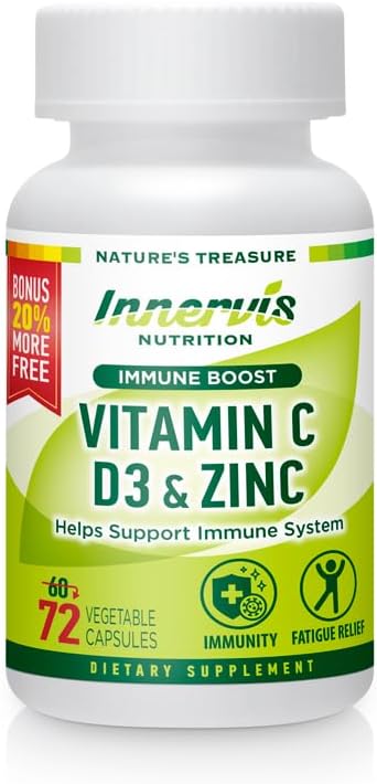 Complejo Immune Boost – Vitamina C 900mg, D3 2,500 UI & Zinc 25mg para soporte de sistema Immune, 72 Veggie Caps ← Innervis Nutrition