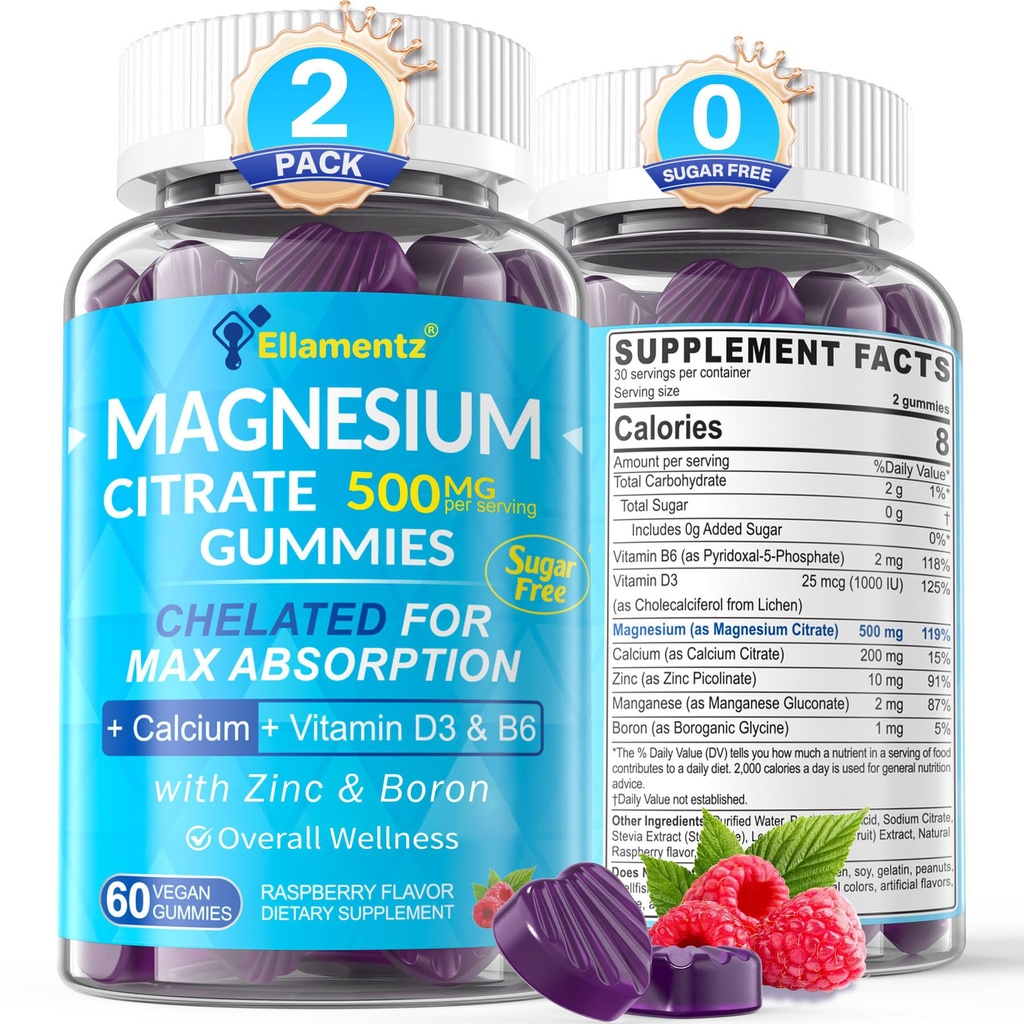 Magnesium Citrate Gummies 500mg for Women Men Sugar Free, Magnesium Citrate for Constipation & Bloated | Chelated Magnesium Supplement w/ B6 for Mood, Calm | Calcium Magnesium for Bone & Muscle,120cts