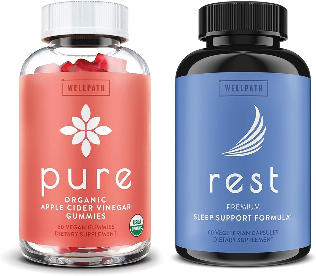 WellPath Pure ACV Apple Cider Vinegar Gummies with The Mother and Rest Valerian Root Sleep Aid for Adults with Melatonin & L-Theanine - Natural Sleep Support, 60 Ct Every