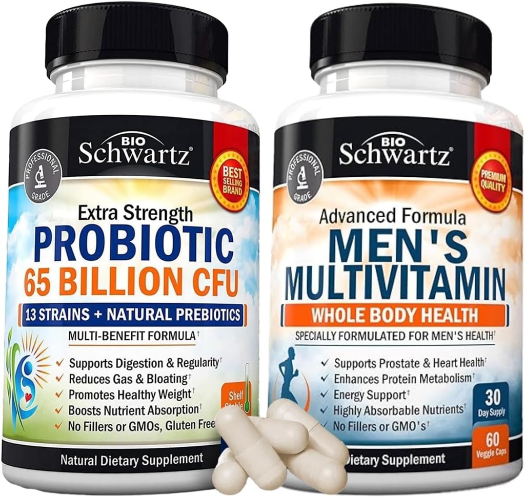 Multivitamina de hombres avanzados diarios con vitamina C A B D3 E y Zinc (1 mes de suministro) más 65 billones de suplemento probiótico diario CFU (1 mes de suministro)
