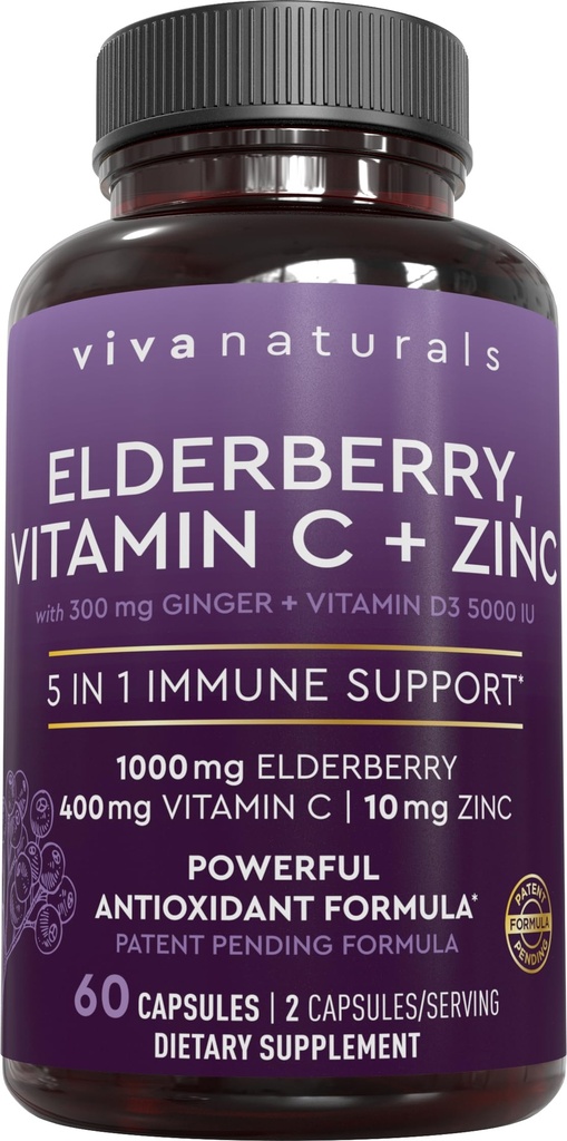 Viva Naturals Black Elderberry con Vitamina C y Zinc para Adultos (60 Cuenta) - Sambucus Elderberry Immune Support Suplemento, Black Elderberry Capsules para Adultos, Elderberry Suplementos para Mujeres