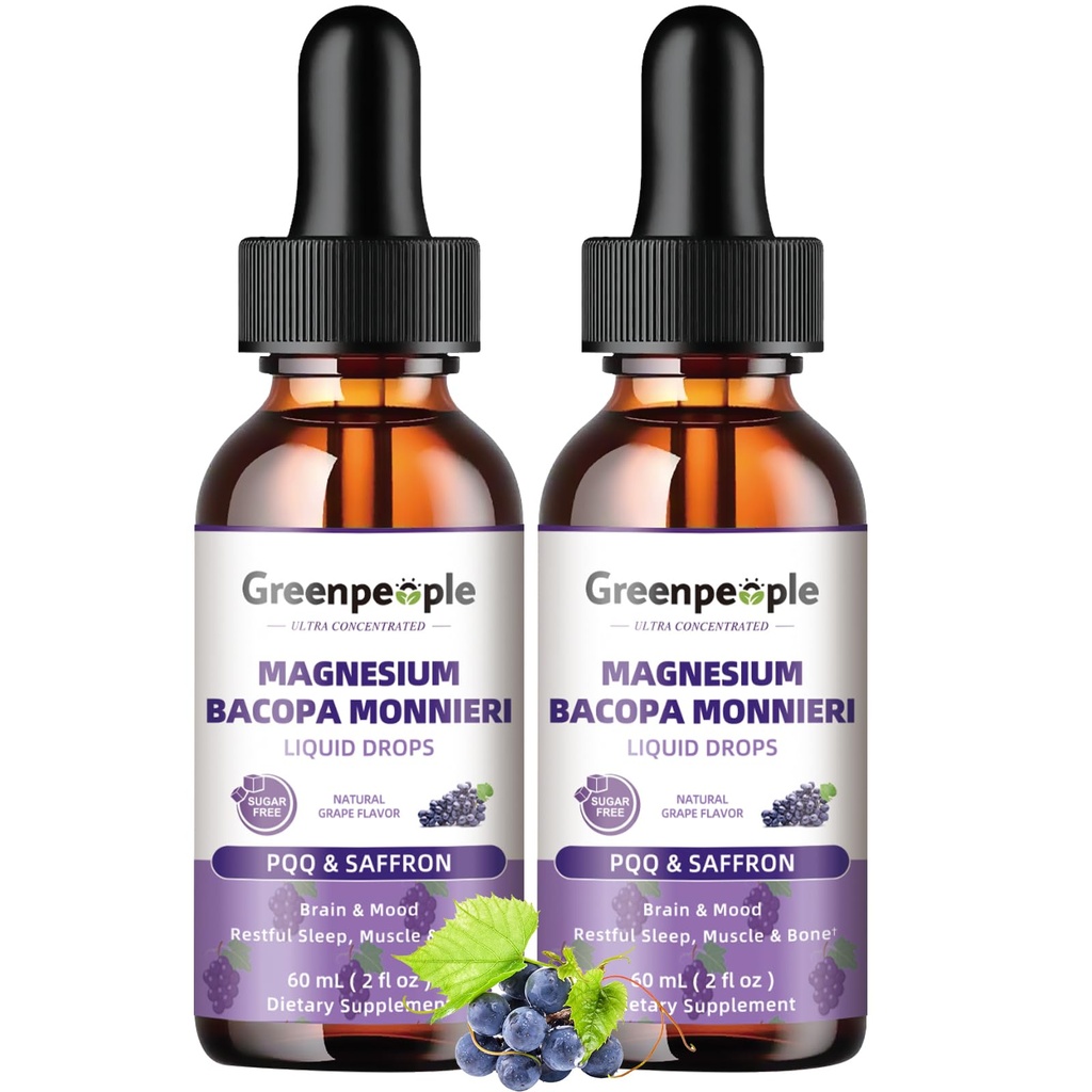 GREENPEOPLE Magnesium Glycinate Liquid Drops - 1000mg 5-in-1 High Absorption Liquid Magnesium for Sleep with D3/K2/B6 ← Fast-Acting, Bone, Muscle &amp; Sleep ← Sugar-Free Grape Flavor, 2fl Oz 2 Pack