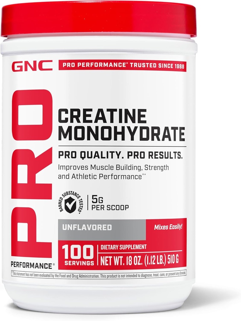 GNC Pro Performance Creatine Monohydrate Powder for Women & Men, 5g Creatine Per Serving, Muscle Building, Energy Production, Endurance, Performance, 100 Servings