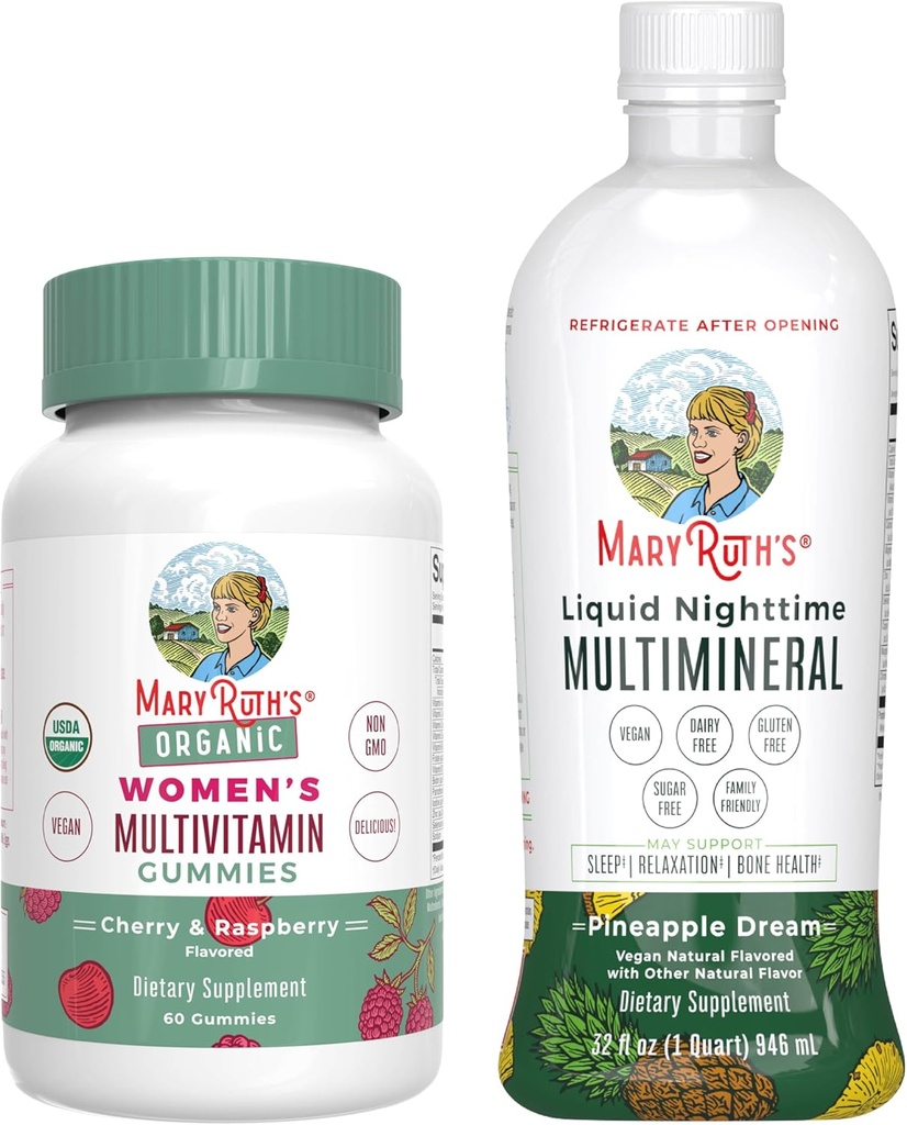 Multivitamina de MaryRuth Gummies for Women (Cherry & Raspberry) " Liquid Nighttime Multimineral (Pineapple) ← Clean Label Project Verified® ← Vegan ¦ Beauty, Bedtime Routine "