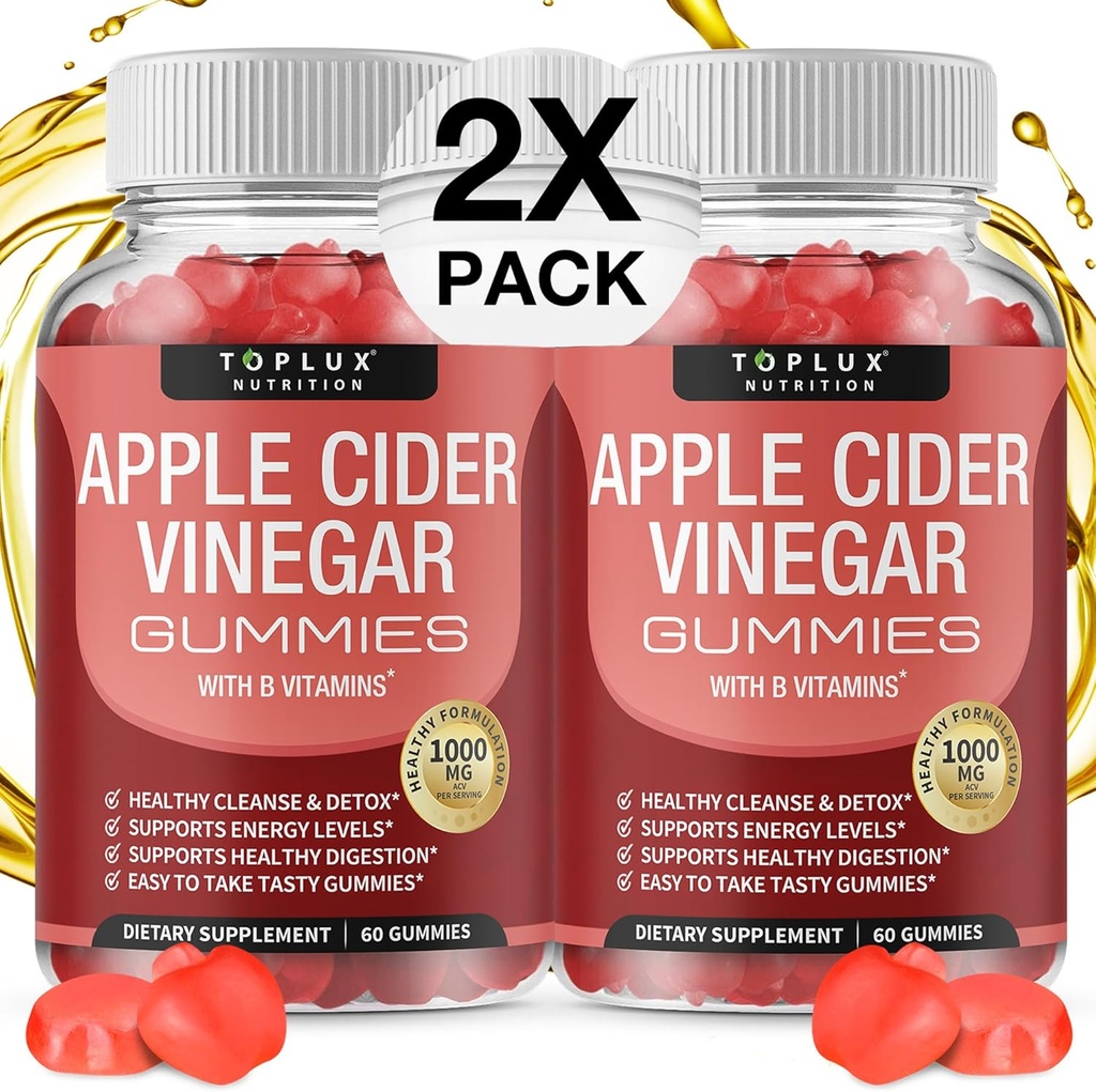 Toplux Apple Cider Vinegar Gummies - 1000mg ACV con B12, Beet Root, Pomegranate for Immune System, Detox & Cleanse, Gummy Alternative to Apple Cider Vinegar Capsules, for Men Women 2X Pack