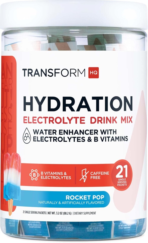 TransformHQ Hydration Drink Mix (21 Single-Serving Packets, Rocket Pop) - Hydration Supplement Blend con vitaminas y electrolitos