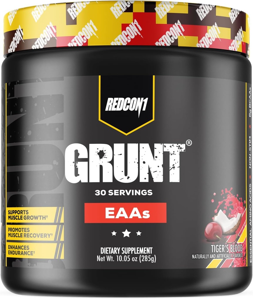 REDCON1 Grunt EAAs, Tiger's Blood - Sugar Free, Keto Friendly Essential Amino Acids Powder - Post Workout Powder Containing 9 Amino Acids to Help Train, Recover, Repita (30 Servings)