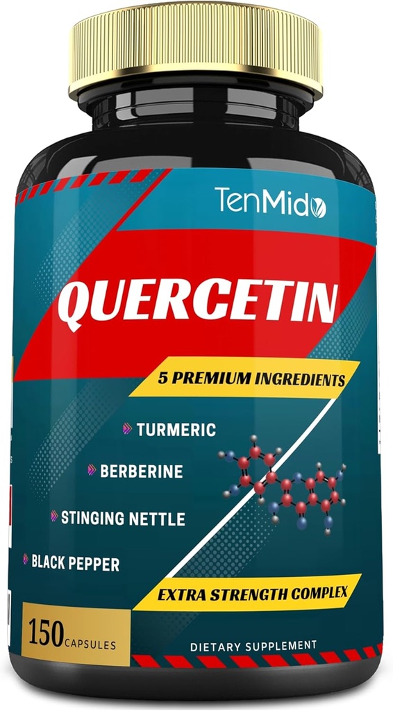 Suplementos de quercetina Capsules, 5 meses de suministro, 150 cápsulas - Apoyo Sistema Inmunitario & Corazón Salud, Antioxidantes con bereberina, Nettle Stinging, Turmérico, Pepper Negro