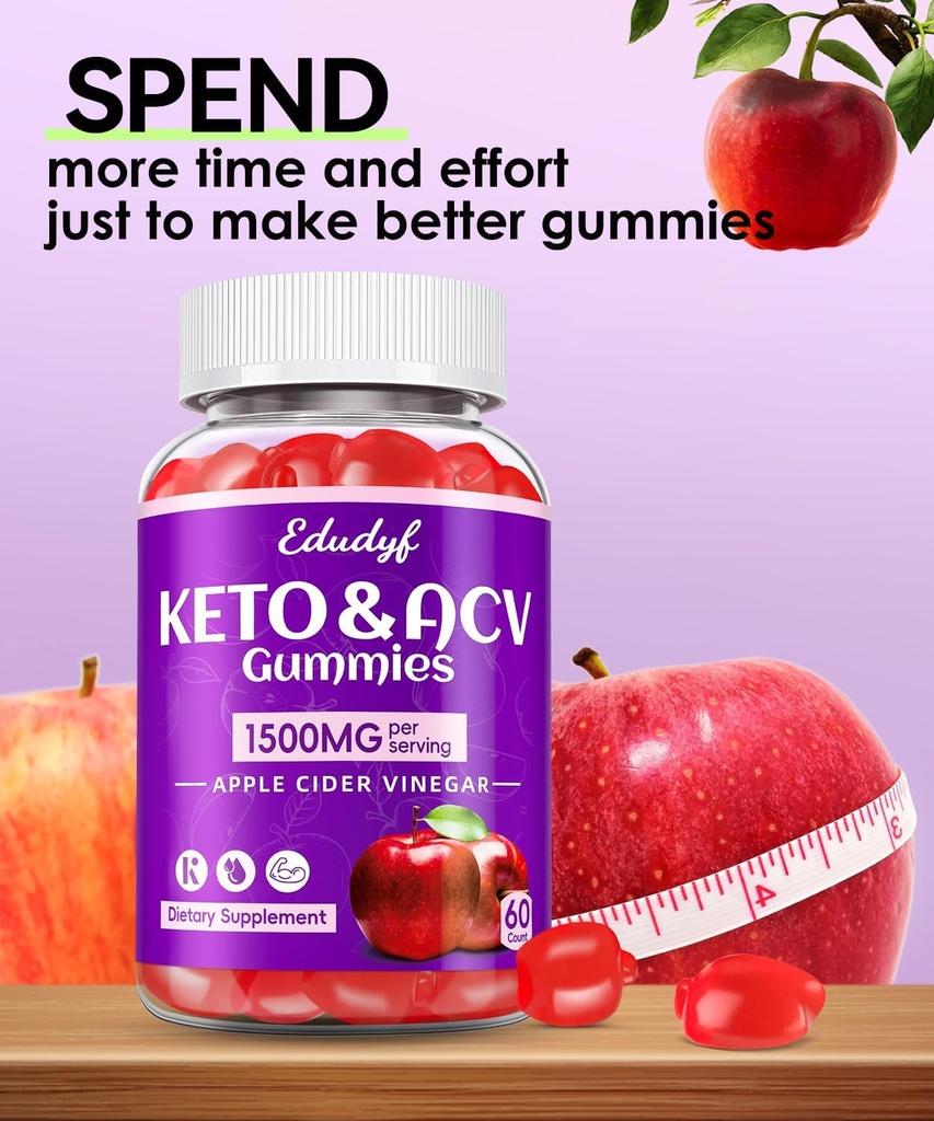 Keto ACV Gummies con B12 B6 – 1500 mg Apple Cider Vinegar Suplemento con Pomegranate y Beet Juice, Vegan & Gluten-Free, 180 Gummies para Hombres & Mujeres