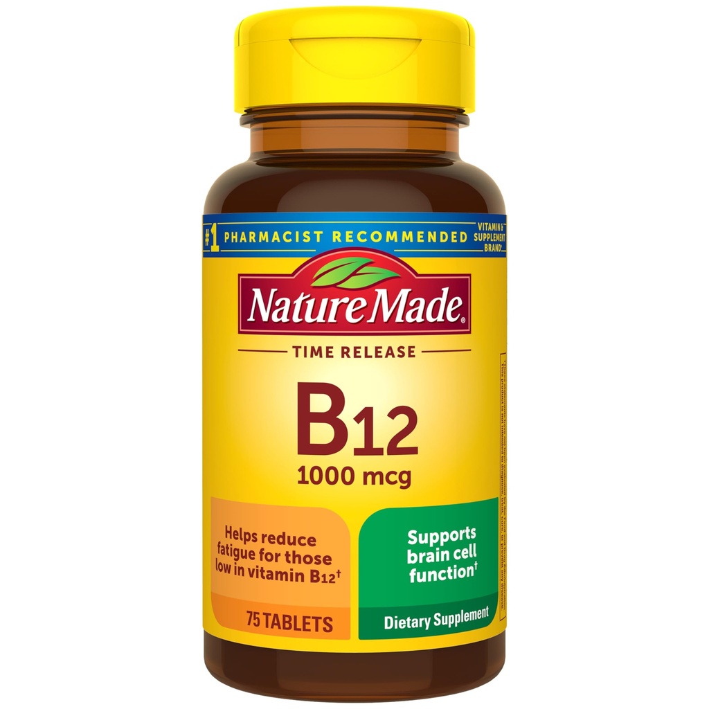 Nature Made Vitamina B12 1000 mcg, Suplemento dietético para el apoyo al metabolismo energético, 75 Tablas de liberación del tiempo, 75 Day Supply