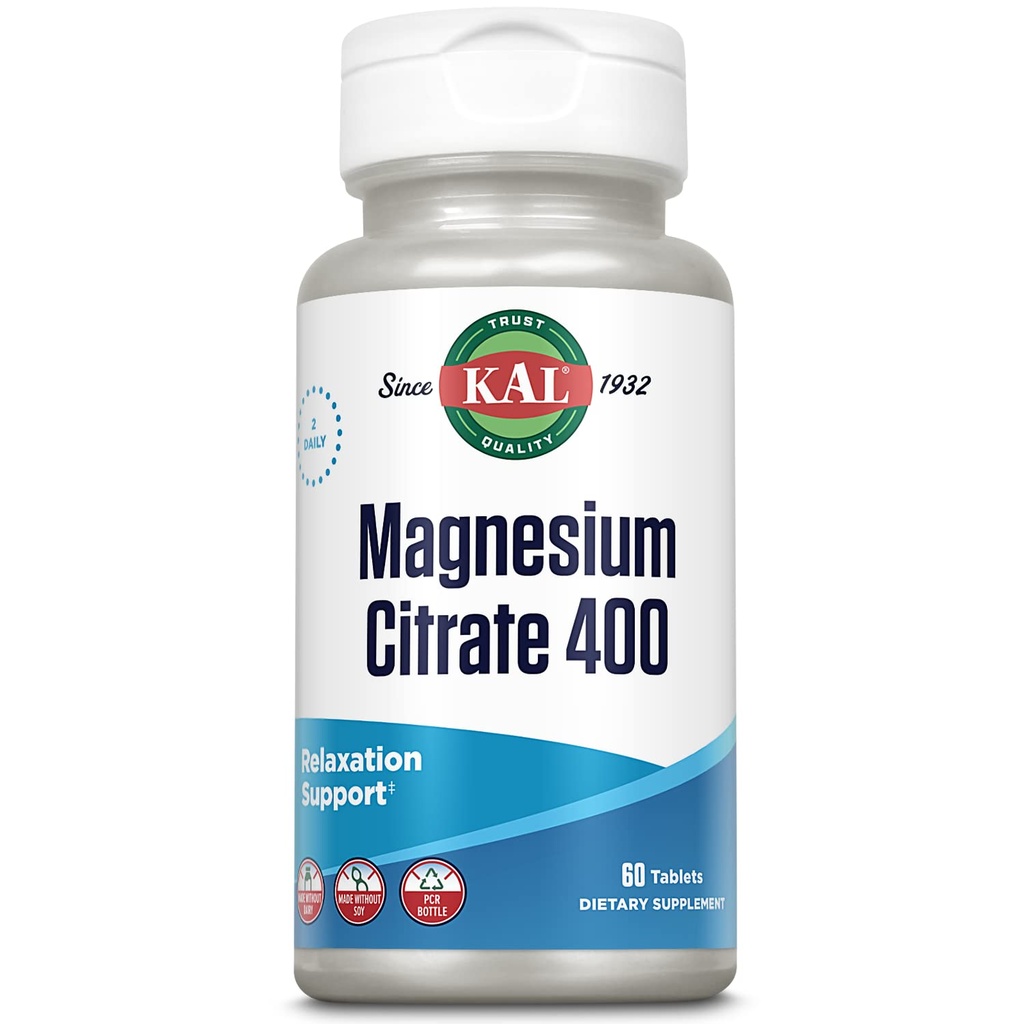 Citrato de magnesio KAL 400mg, Suplemento de magnesio para la función del músculo saludable, relajación, nervios y apoyo a la circulación, rápidos actos de desintegraciónTabs, Vegan, Gluten Gratis, 30 piezas, 60 tablas