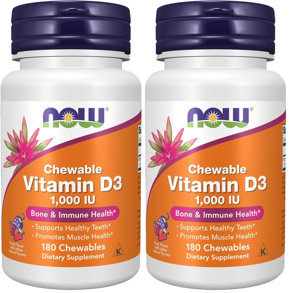 AHORA Suplementos, Vitamina D-3 1.000 UI, Sabor de Frutas Naturales, Apoyo Estructural*, 180 Chewables (Pack of 2)