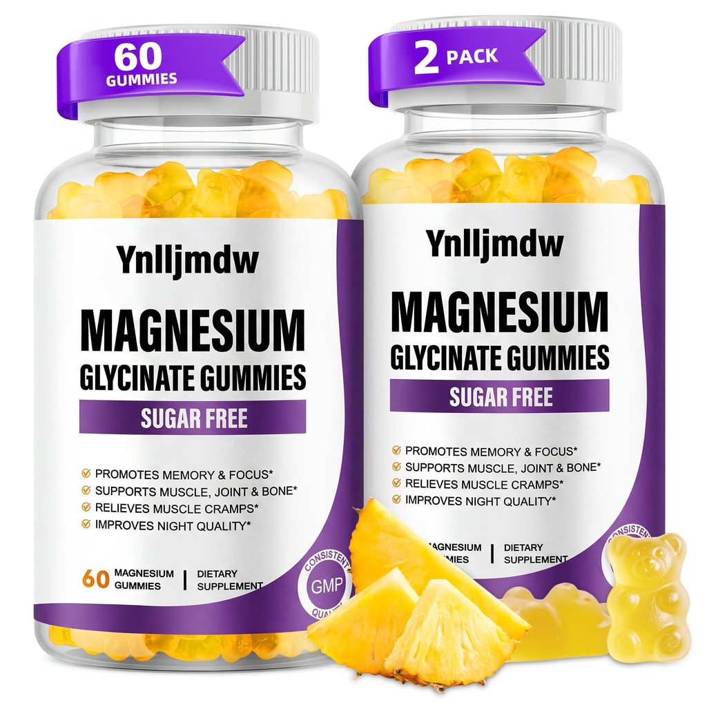 (2 Pack) Magnesio Glycinate Gummies 500mg, Suplemento de magnesio de alta absorción con calcio y vitaminas, Bono de apoyo, musculo, noche, memoria " , Vegan, no GMO, 60 Condes, sabor a piña