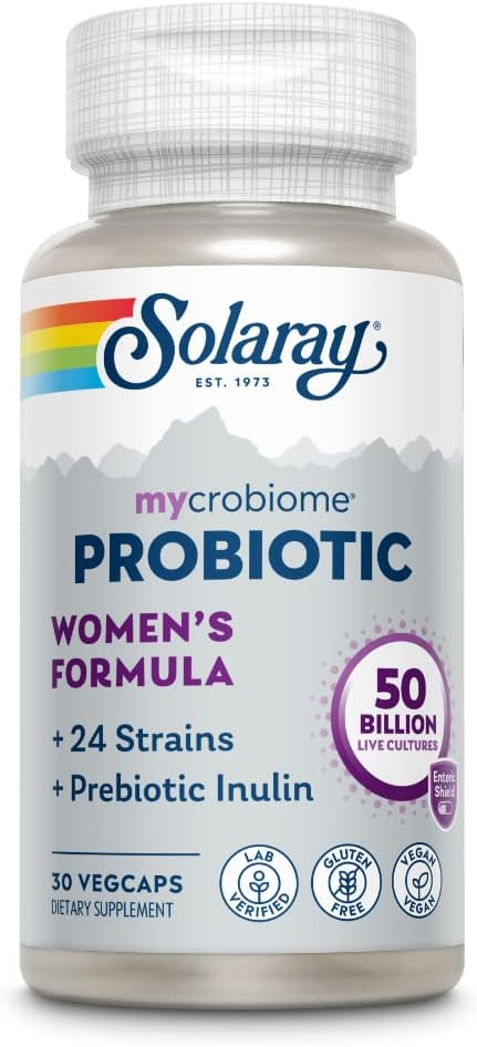 SOLARAY Mycrobiome Probiotic Women’s Formula, 24 Strains Plus Prebiotic Inulin, Especialmente Formulado para Mujeres, Digestión, Mood & Urinary Tract Support, 50 Billion CFU, 30 Servings, 30 VegCaps