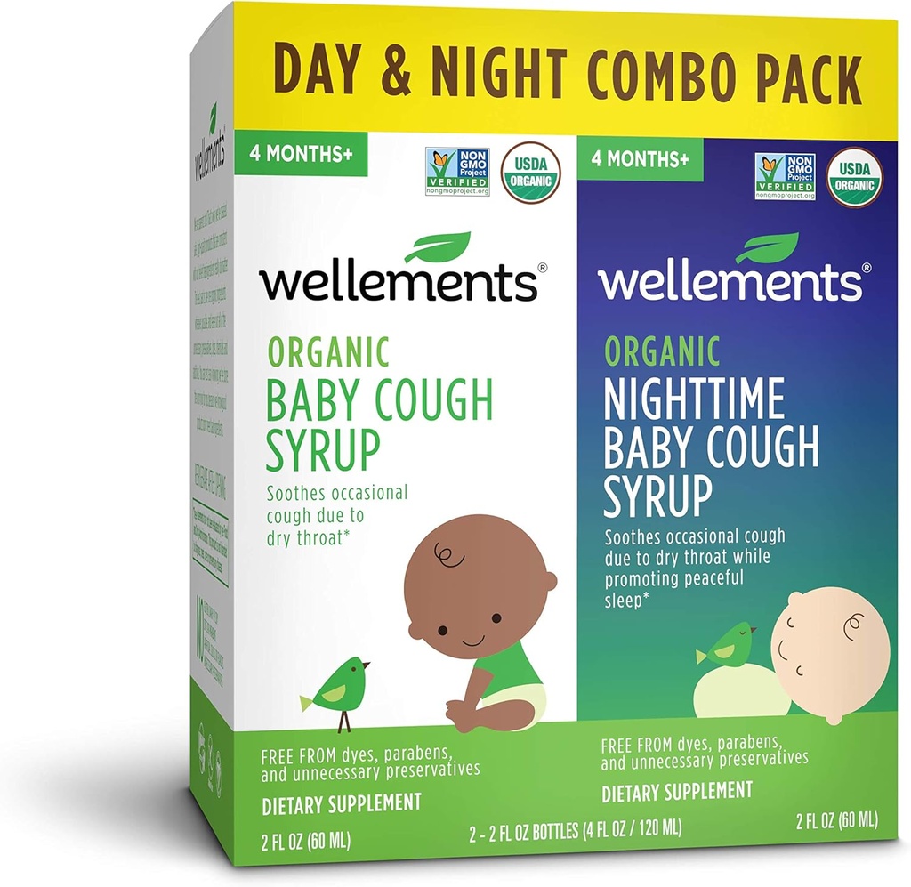 Wellements Organic Tos bebé Día del jarabe Valor Combo Pack Silencioso Hora del día & Noche Baby Cough Relief, Calms Dry Throats * USDA Organic tención (2) 2 Fl Oz. Botellas, 4 Meses+