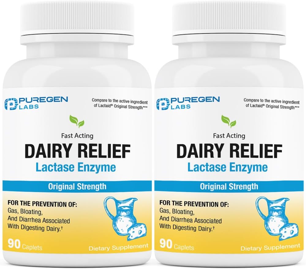 Puregen Labs Dairy Relief Natural Fast Acting Lactase Enzyme 3000 FCC, Lactose Intolerance Pills ← 2 Pack - 180 Caplets Total