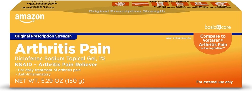 Artritis de cuidado básico Gel de alivio de dolor, Gel tópico Diclofenac Sodium, 1% (NSAID), 5.29 Oz (150 gramos) (El embalaje puede variar)