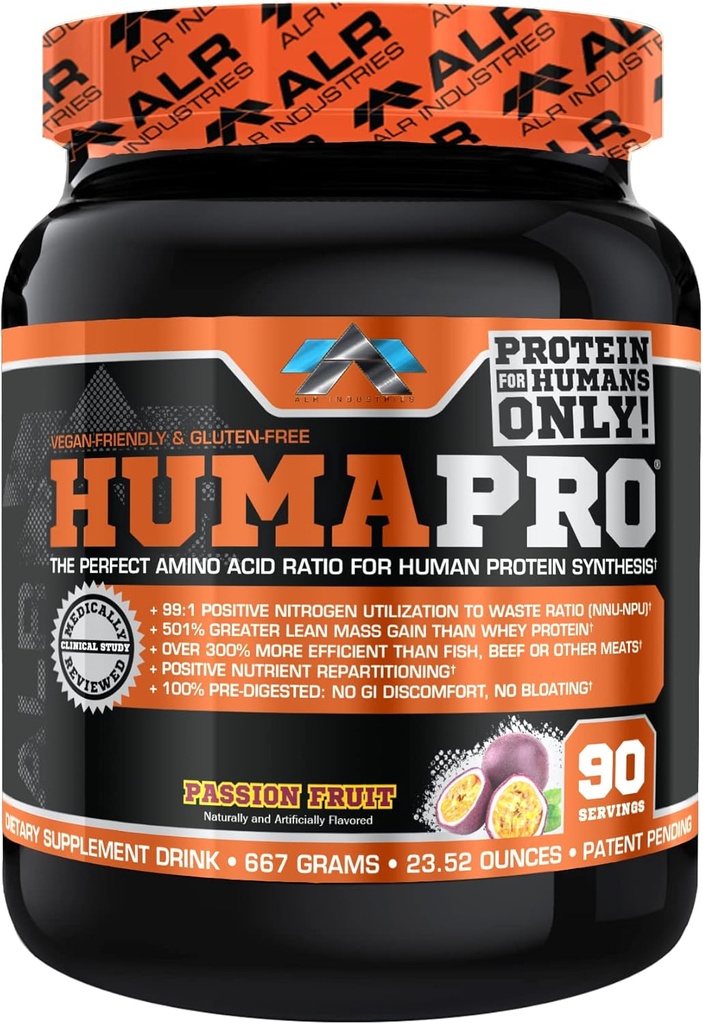 Humapro ← Aminoácidos Matriz Proteína para los seres humanos TENIDO 99% Utilización para el músculo magro TEN Vegan, Gluten Free TEN 667g / 90 Servings (Passion Fruit)