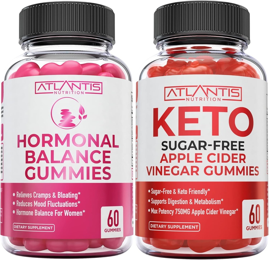 Atlantis Nutrición Saldo hormonal PMS Alivio 60 Gummies + Azúcar Keto gratis Vinagre de manzana 60 Gummies