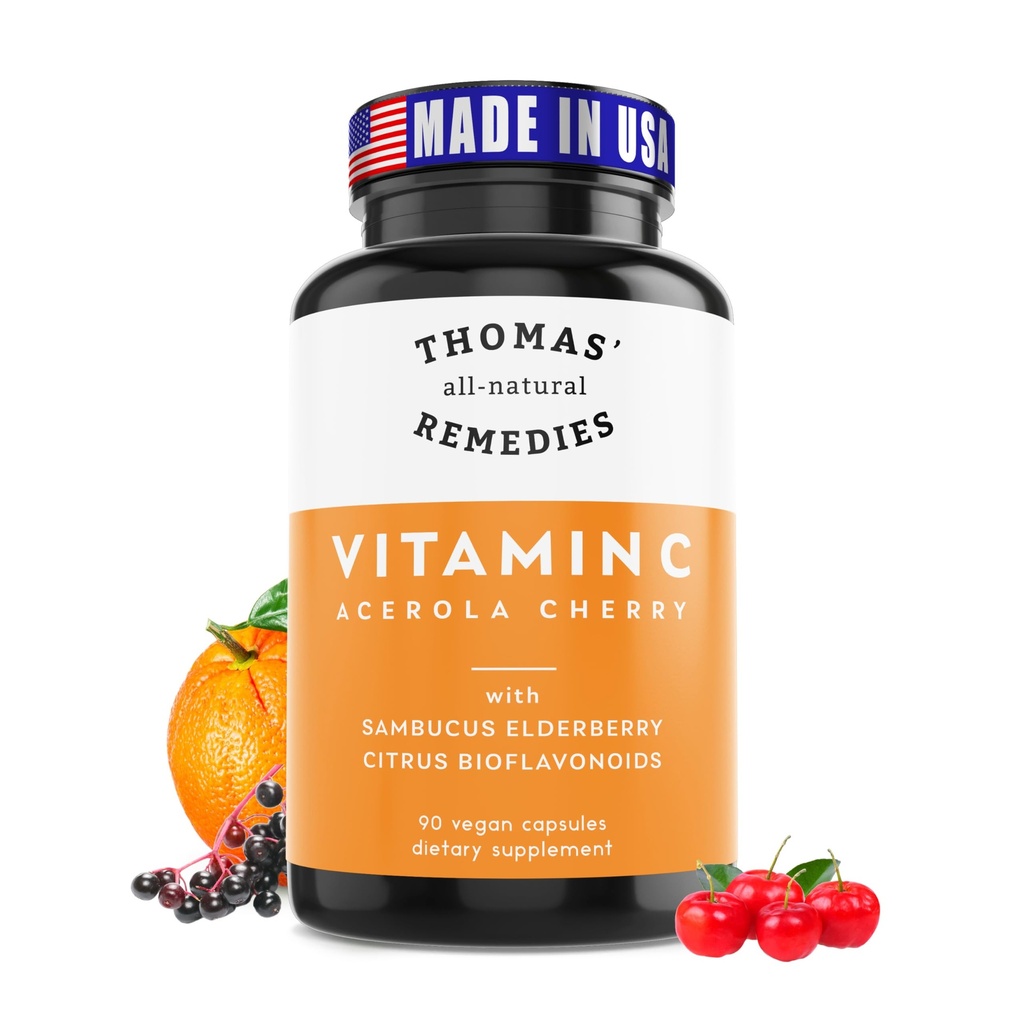 Thomas' all-natural Remedies Vitamin C with Organic Elderberry, Organic Citrus Bioflavonids - Whole Food Supplement - Non-GMO - Raw Vegan - 90 Capsules