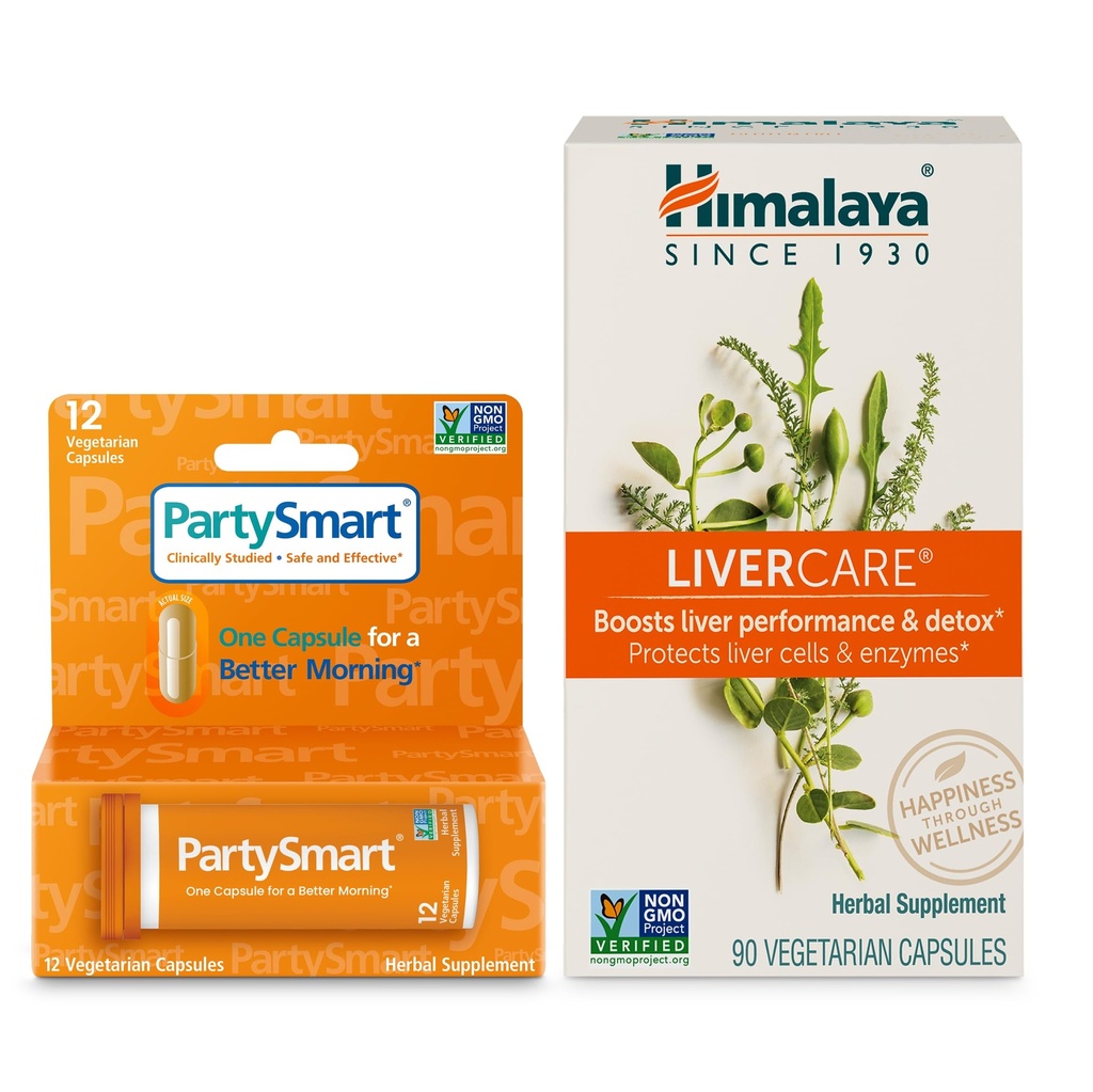 Himalaya PartySmart 12 Caps, One Capsule for a Better Morning After Drinking Plus LiverCare, 90 Caps for Daily Liver Cleanse, Liver Support and to Eliminate Waste – 2 Product Bundle