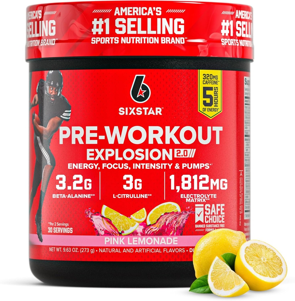 Polvo de seis estrellas para hombres y mujeres, limonada rosa (30 piezas) - Preworkout Explosion 2.0 Energy Powder Drink Mix with Beta-Alanine & Caffeine - Productos de Nutrición Deportiva