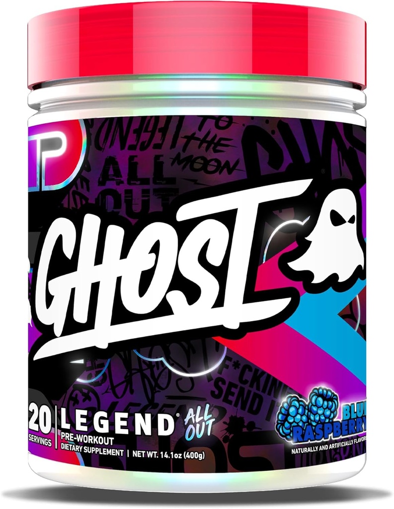GHOST Legend All Out Pre-Workout Powder, Blue Raspberry - 20 Servings - Pre-Workout Suplemento para Hombres Mujer - Energía & Bombas - Caffeine, L-Citrulline, " Beta Alanine Blend - Sugar Free