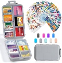 14 Grids Travel Pill Organizer Box con 415-Pcs Medicine Name Labels - Pocket Daily Pharmacy Case Container - Travel Medication Holder Dispenser Kit for Fish Oil Vitamin Storage Suplemento - Grey